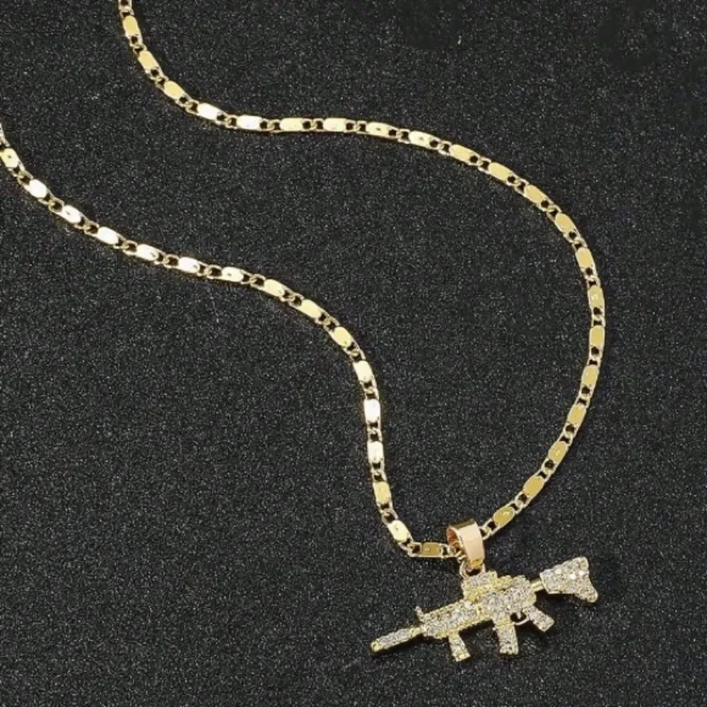 3for$20 1pc Gold-Color Luxury Cubic Zirconia Men's Gun Pattern Pendant Necklace
